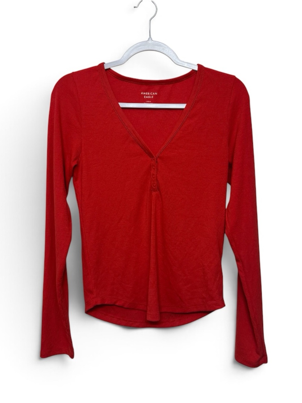 American Eagle V-Neck Long Sleeve Top in Red- Size Large